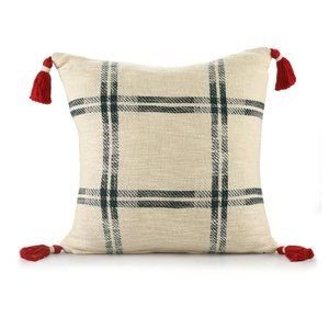Green plaid throw pillow with red tassels, 20"x20"
